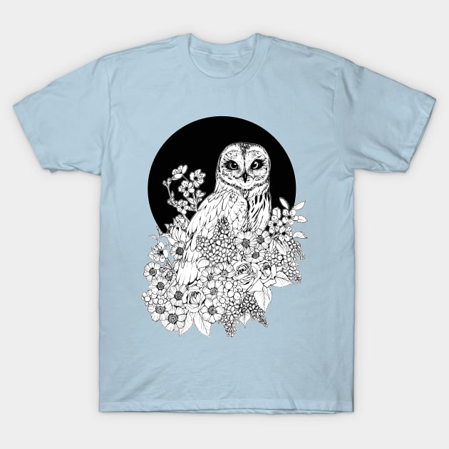 Owl Floral Eclipse - Black and White T-Shirt by Plaguedog